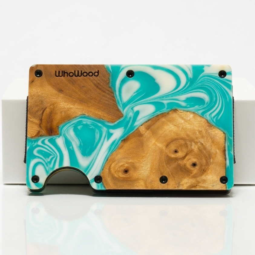 WhoWood Minimalist Wallet / Wood & Resin / Teal White Burl