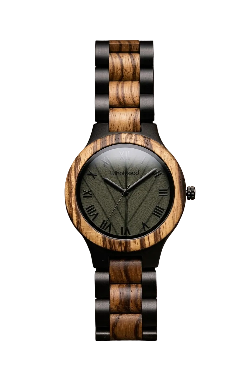 A wristwatch with a round wooden case and matching wood-and-black link bracelet, featuring a dark olive dial with black Roman numerals and hands, photographed on a brown textured surface